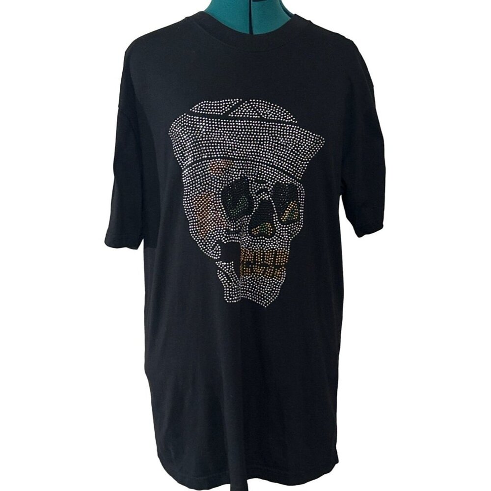 3FORTY Inc. Black w/Silver Beaded Skeleton Graphic Tee 100% Cotton Adult Size L
